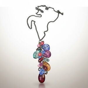 Vintage Multicolor Glass Cluster Pendant Necklace Gunmetal Chain Waterfall Charm